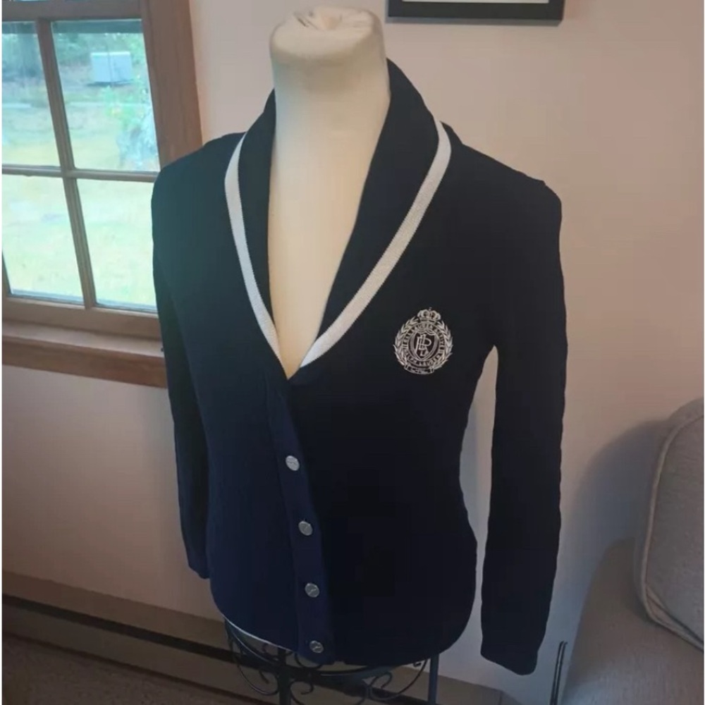L-RL Lauren Ralph Lauren Active Cable Knit Cardigan size Large Navy Blue Button